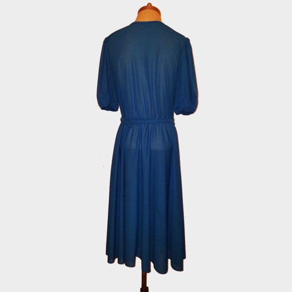 Vtg 70s Puff Sleeve Pleated Top Waist Tie Dress 16 - Picture 5 of 6